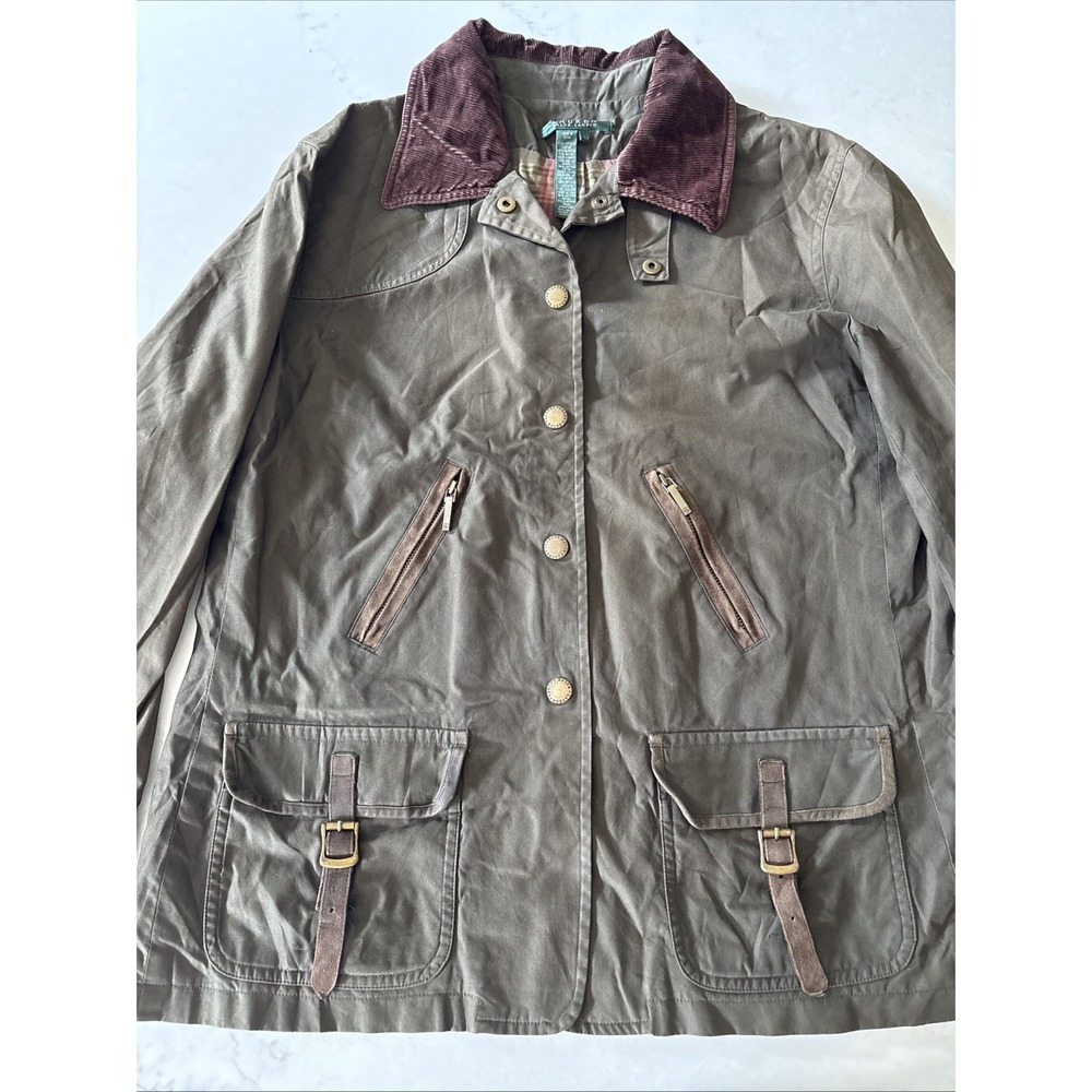 Lauren Ralph Womens L Army Field Jacket Corduroy Collar Barn Chore Utility Green